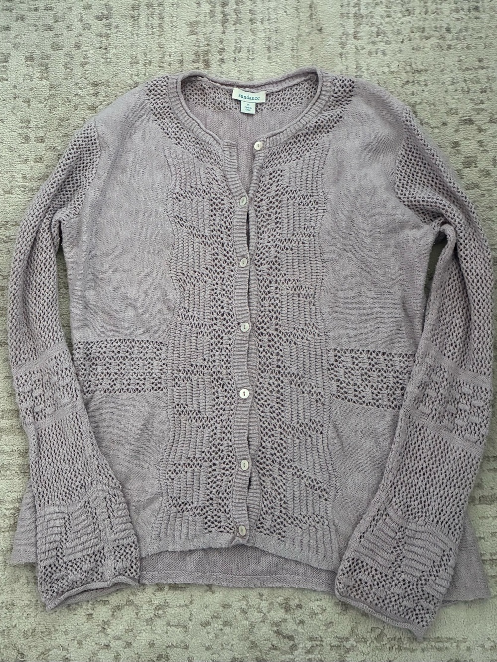 Sundance Open Knit Crochet Cardigan Sweater Purple 100% Cotton M